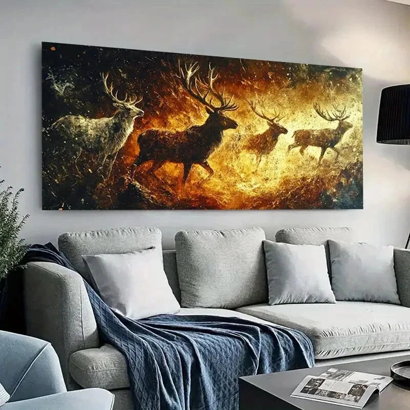 Majestic Stags Gold Fiery wall canvas office home room framed 120x60cm - Bella Home Decor