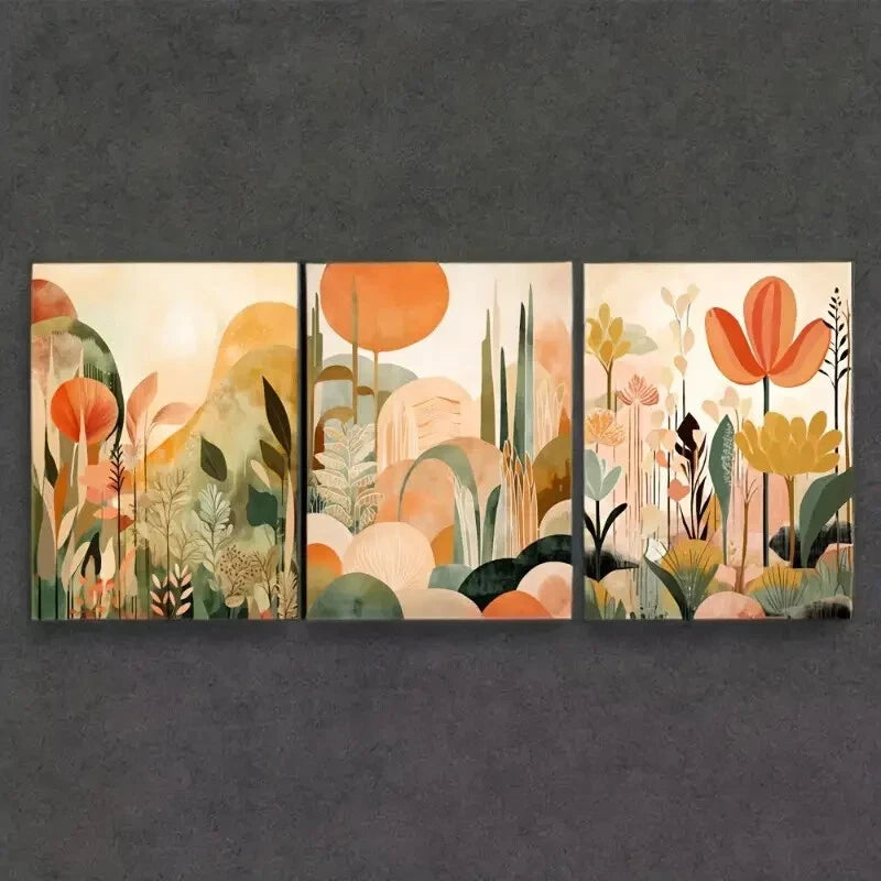 3pcs Vibrant Foliage in Green Orange and Brown Metal Print Ready to Hang Art