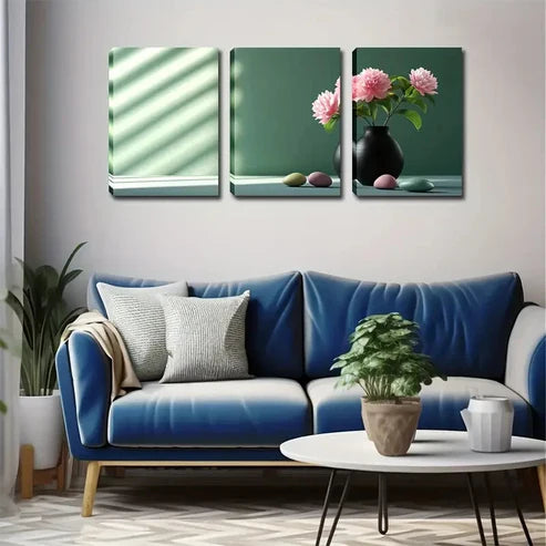 3pcs Sun Windowsill Peony Vase Realistic Perfect Wall Art Canvas Unframed - High Quality Print 100% Australian Made Wall Canvas
