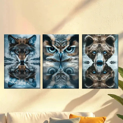 3pcs Wolves, owls, reflections of bears Wall Art Canvas Unframed - High Quality Print 100% Australian Made Wall Canvas
