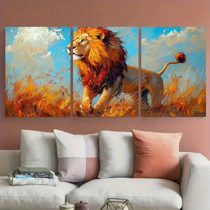 3pcs Lion in Majestic Pose with Vibrant Colors Metal Print Ready to Hang Art
