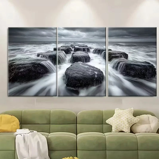 3pcs Dramatic Black and White Coastal Seascape Metal Print Ready to Hang Art