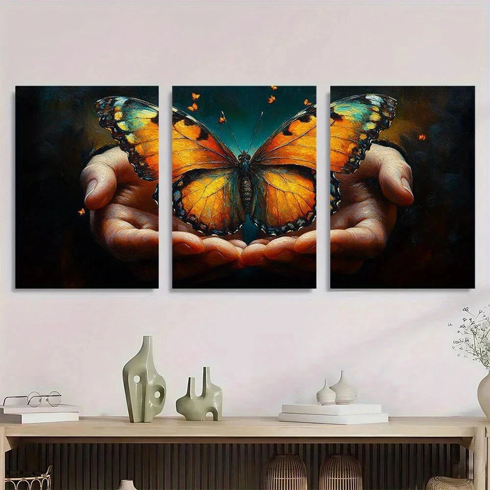 3pcs Golden Black Butterfly On Hand Metal Print Ready to Hang Art
