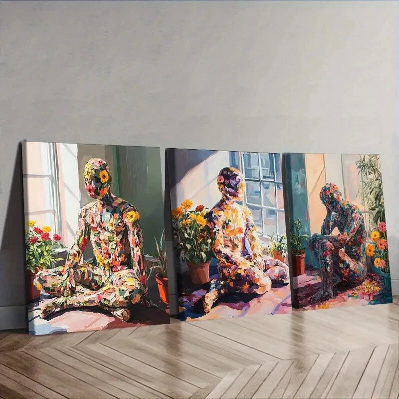 3pcs  Abstract Design with Sunflowers & Floral Wall Art Set Canvas Framed 40x60cm - High Quality Print 100% Australian Made Wall Canvas Ready to Hang