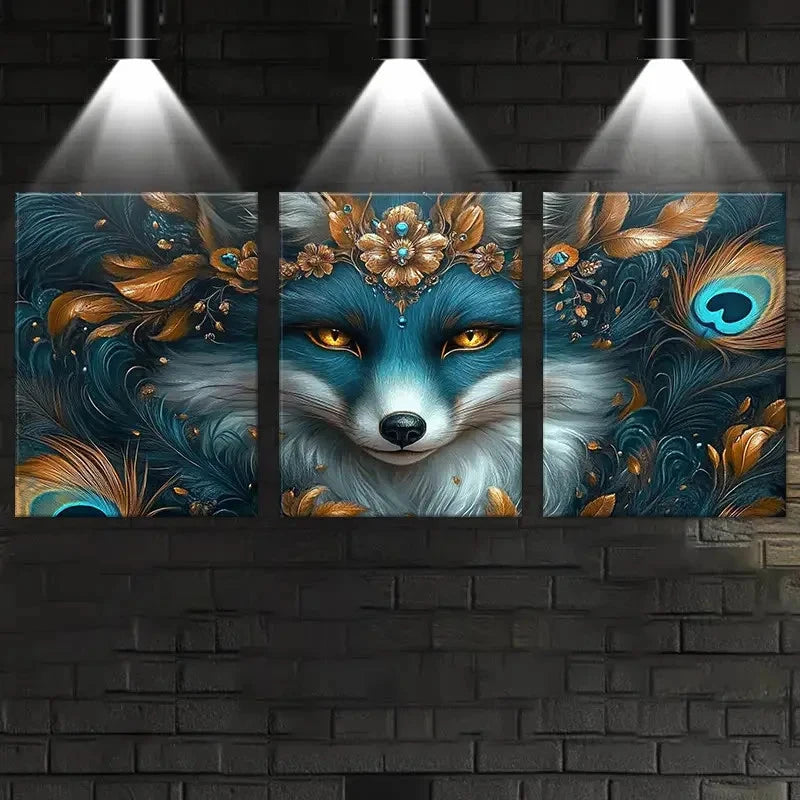 3pcs Dark Green & Golden Bohemian Fox Painting Metal Print Ready to Hang Art