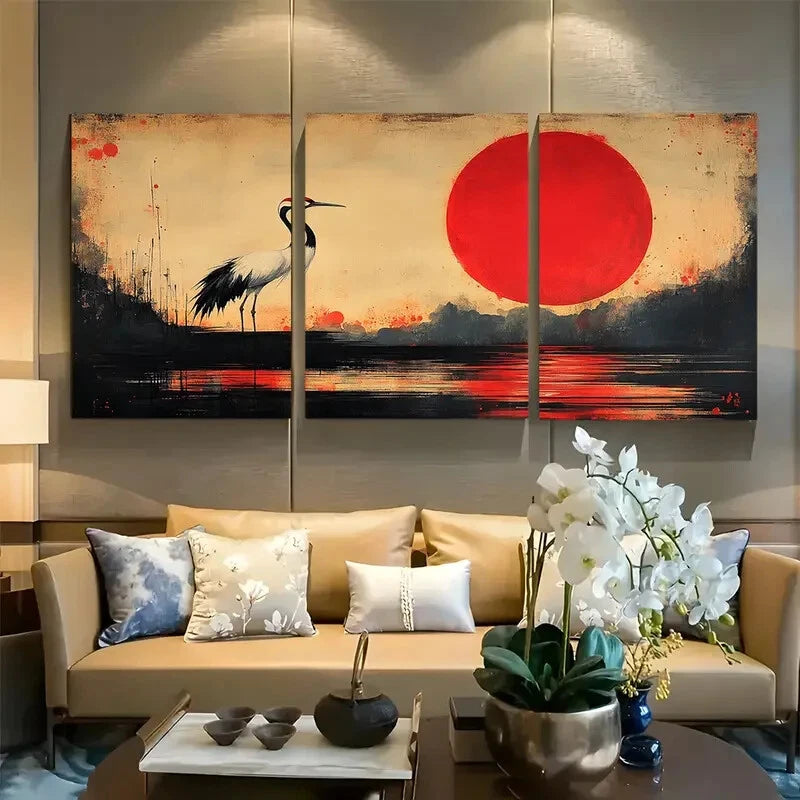 3pcs Japanese Crane Traditional Sumi e Design Metal Print Ready to Hang Art