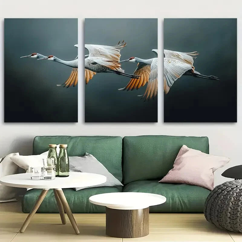 3pcs Elegant Sandhill Cranes in Flight Metal Print Ready to Hang Art