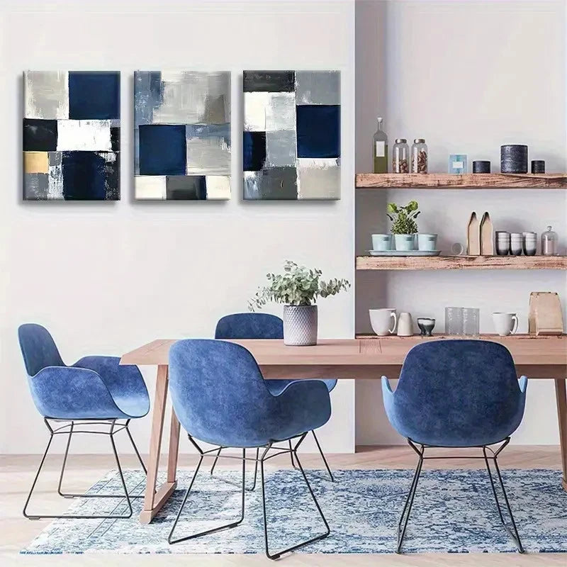 3pcs Navy Blue & White Textured Oil Paints Metal Print Ready to Hang Art