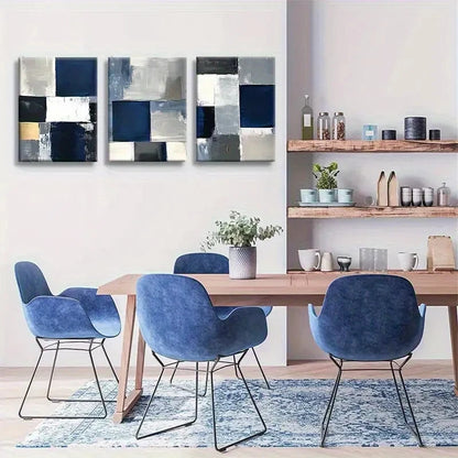 3pcs Navy Blue & White Textured Oil Paints Metal Print Ready to Hang Art