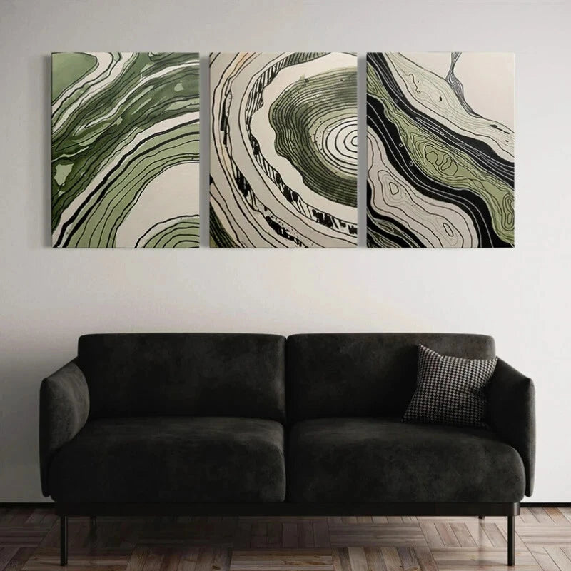 3pcs Abstract Green Wood Tree Rings Metal Print Ready to Hang Art