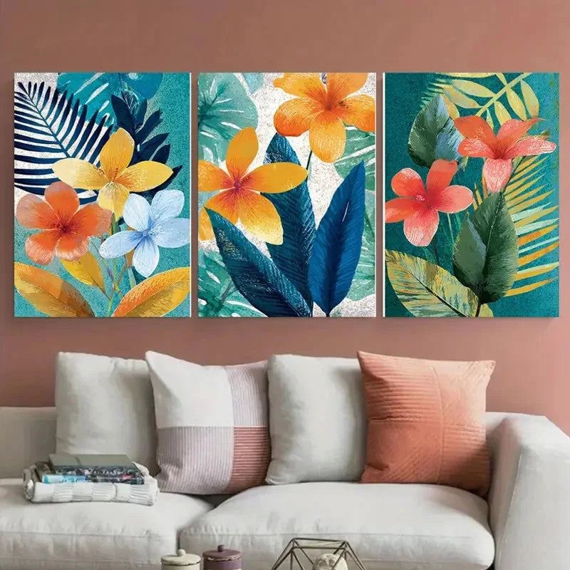 3pcs Menorca Travel Tropical Floral Illustration Wall Art Set Canvas Framed 50x70cm - High Quality Print 100% Australian Made Wall Canvas Ready to Hang