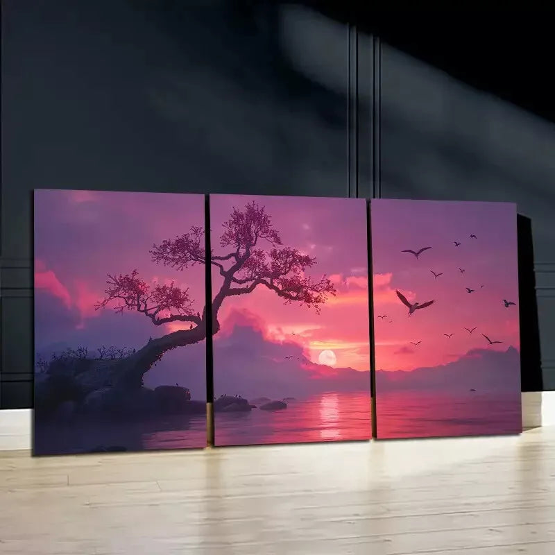 3pcs Cherry Blossoms By A Lake Canvas Framed 40x60cm - High Quality Print 100% Australian Made Wall Canvas Ready to Hang