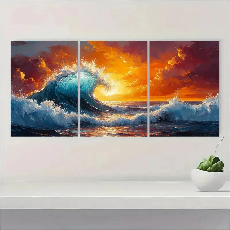 3pcs Vibrant Sunset Ocean Wave Oil Paintings Metal Print Ready to Hang Art