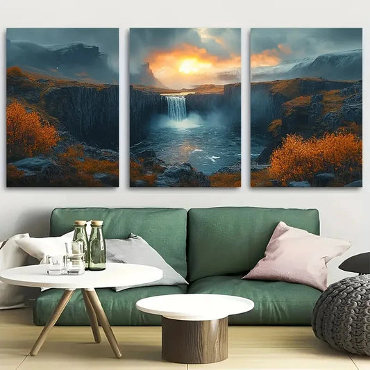 3pcs Iceland Waterfall Nature-Inspired Metal Print Ready to Hang Art
