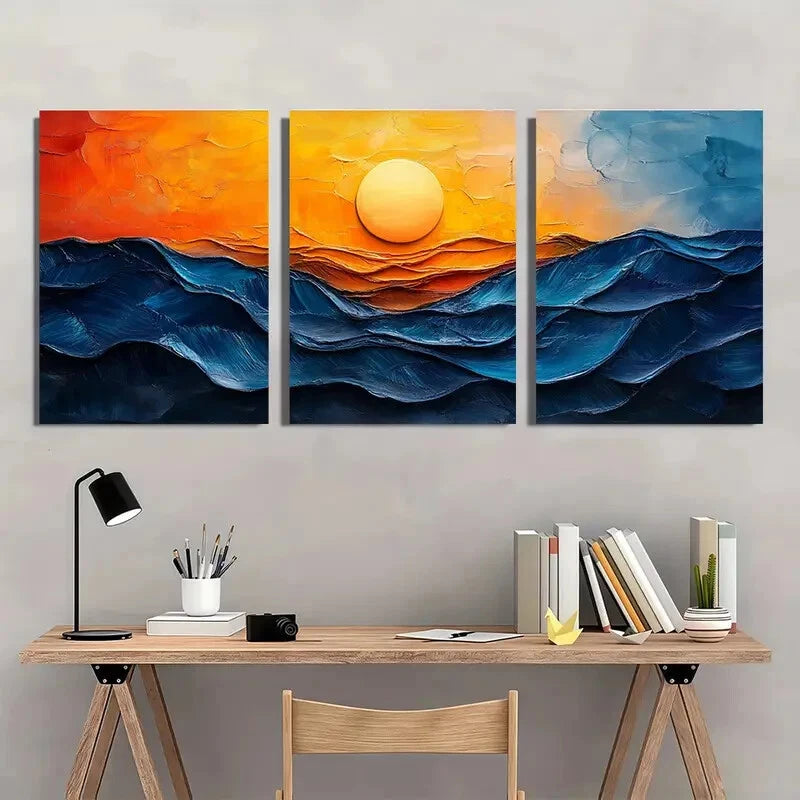 3pcs Vibrant Blue & Orange Ocean Waves Oil Impasto Metal Print Ready to Hang Art
