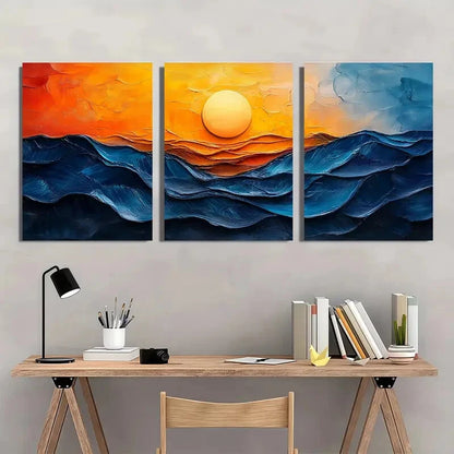 3pcs Vibrant Blue & Orange Ocean Waves Oil Impasto Metal Print Ready to Hang Art