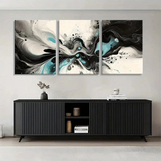 3pcs Black and White Abstract Turquoise Swirls Metal Print Ready to Hang Art