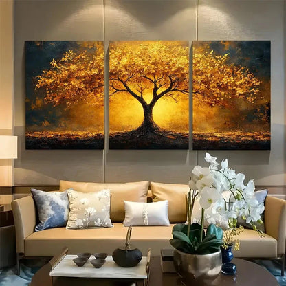 3pcs Golden Tree Symbolic Rooted Tree of Life Metal Print Ready to Hang Art