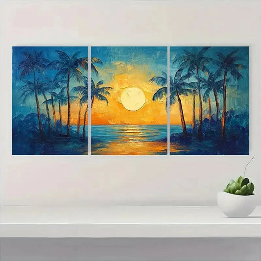 3pcs Palm Trees Sunset Scene Impasto Style Metal Print Ready to Hang Art