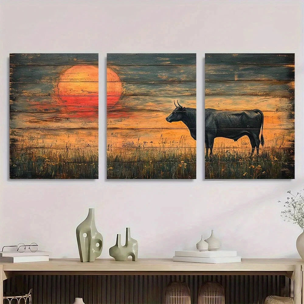 3pcs Sunset Cow Scene Vibrant Metal Print Ready to Hang Art