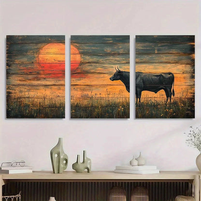 3pcs Sunset Cow Scene Vibrant Metal Print Ready to Hang Art