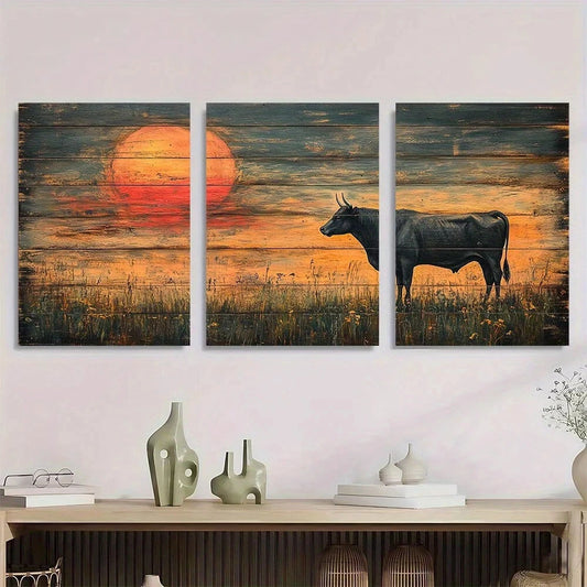 3pcs Sunset Cow Scene Vibrant Metal Print Ready to Hang Art