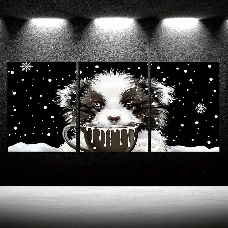 3pcs Cute Puppy with Chocolate and Milk Metal Print Ready to Hang Art