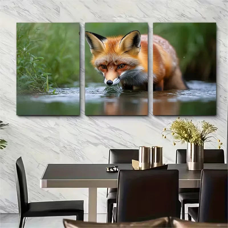 3pcs Curious Wild Fox Drinking from River Metal Print Ready to Hang Art