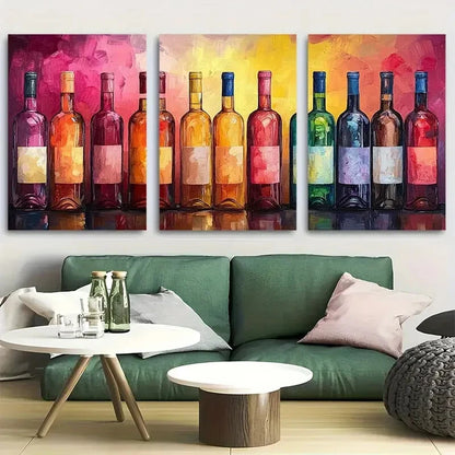 3pcs Vibrant Wine Bottle Colorful Abstract Design Metal Print Ready to Hang Art