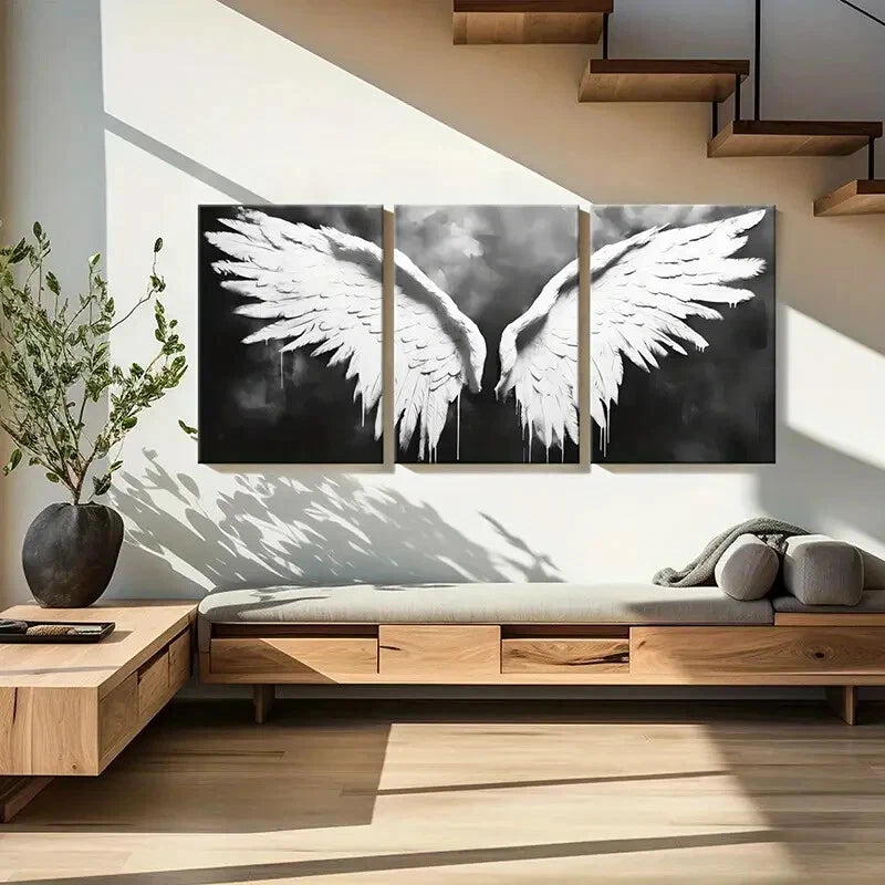 3pcs Angel Wings Art White Feathers Dark Metal Print Ready to Hang Art