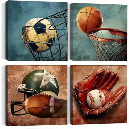 4pcs Rustic Basketball Soccer Wall Decor Wall Art Canvas Framed