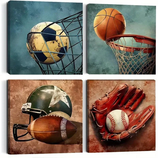 4pcs Rustic Basketball Soccer Wall Decor Wall Art Canvas Framed