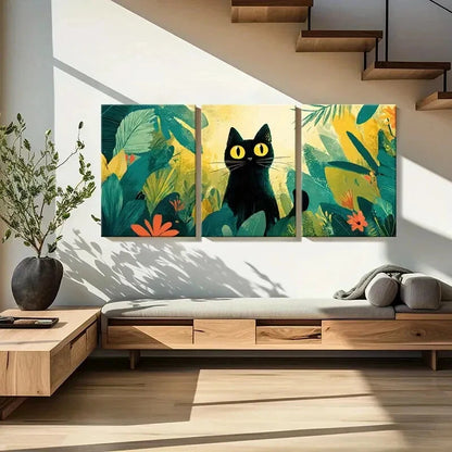 3pcs Black Cat Vibrant Tropical Leaves Design Metal Print Ready to Hang Art