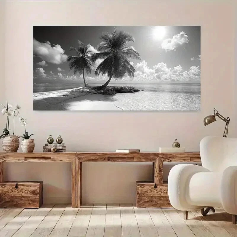 Black & White Beach Island wall canvas office home room framed 120x60cm - Bella Home Decor