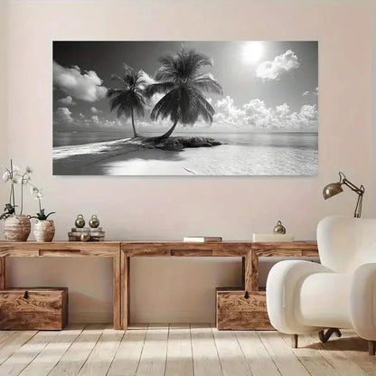 Black & White Beach Island wall canvas office home room framed 120x60cm - Bella Home Decor