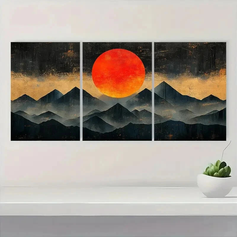 3pcs Black & Orange Mountain Silhouette Design Metal Print Ready to Hang Art