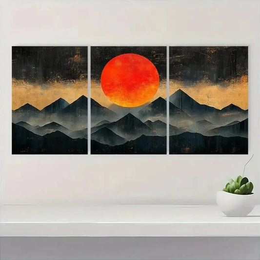 3pcs Black & Orange Mountain Silhouette Design Metal Print Ready to Hang Art