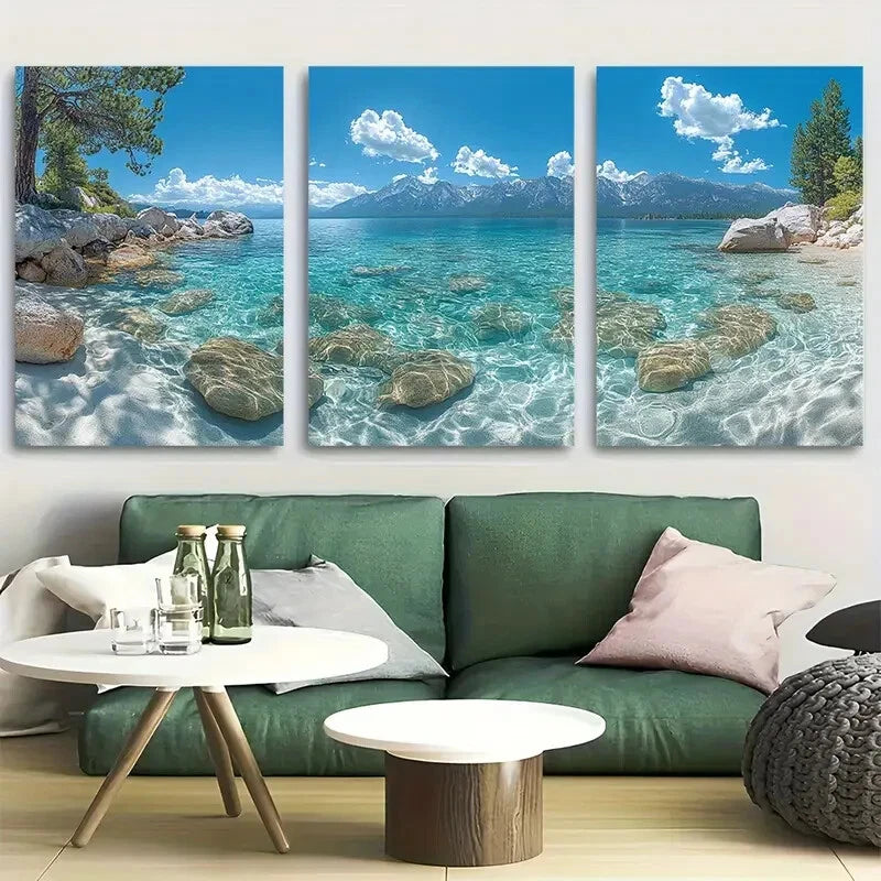 3pcs Serenity in Lake Tahoe Crystal Clear Waters Metal Print Ready to Hang Art