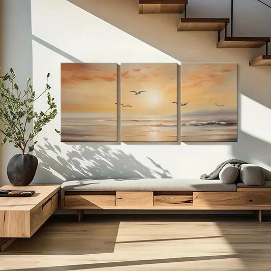 3pcs Coastal Sunset Scene Seagulls Flying Over Metal Print Ready to Hang Art