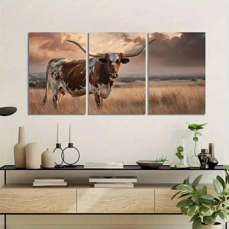3pcs Longhorn Bull in Open Field Artwork Metal Print Ready to Hang Art
