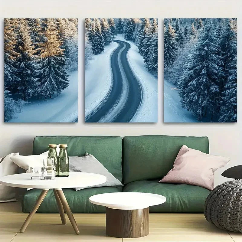3pcs Curvy Windy Road in Snow Covered Forest Metal Print Ready to Hang Art
