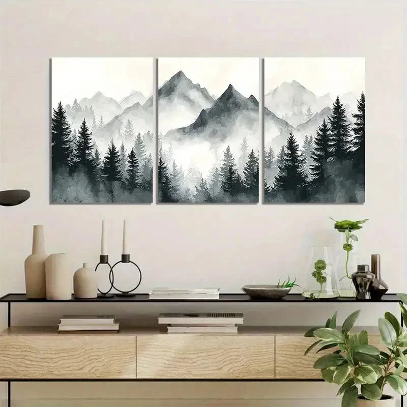 3pcs Watercolor Misty Mountain Landscape Metal Print Ready to Hang Art