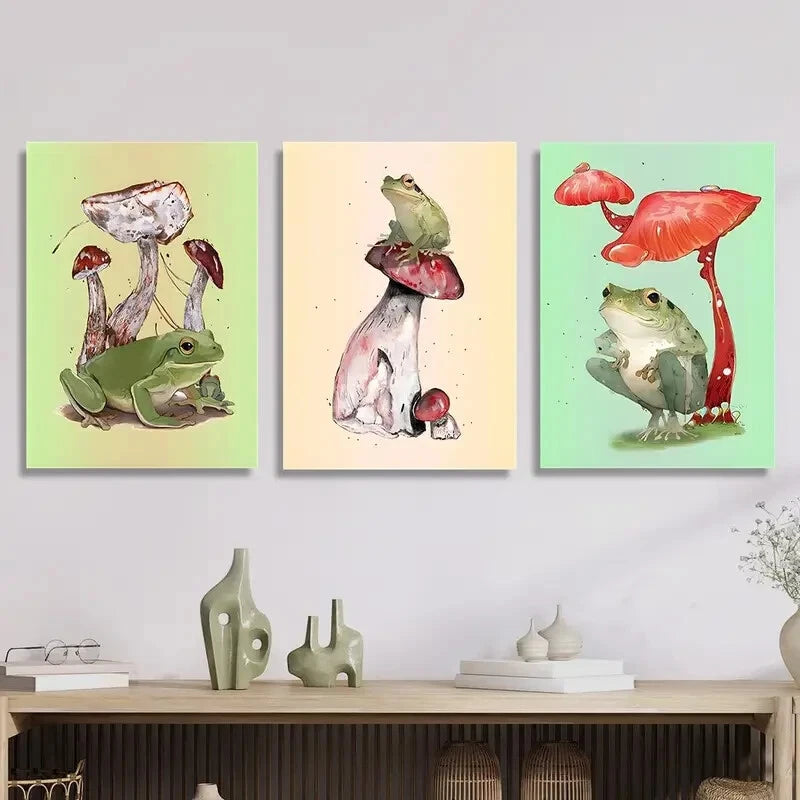 3pcs Whimsical Frog &amp; Mushroom Metal Print Ready to Hang Art