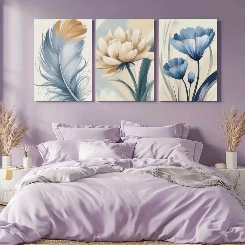 3pcs Blue Feather White Flower Blue Flower Metal Print Ready to Hang Art