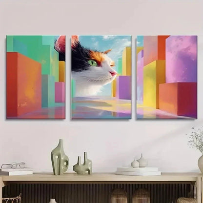 3pcs Vibrant Cat & Cityscape Wall Art Set Canvas Framed 50x70cm - High Quality Print 100% Australian Made Wall Canvas Ready to Hang