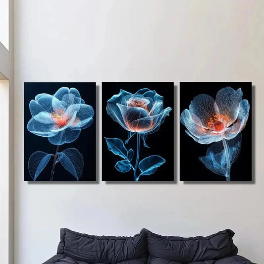 3pcs Blue Flower Illustration, Botanical Flower Metal Print Ready to Hang Art