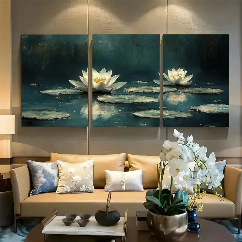 3pcs White Water Lilies Fantasy Springtime Metal Print Ready to Hang Art