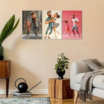 3pcs Cute Illustration Dad & Youngsters Metal Print Ready to Hang Art