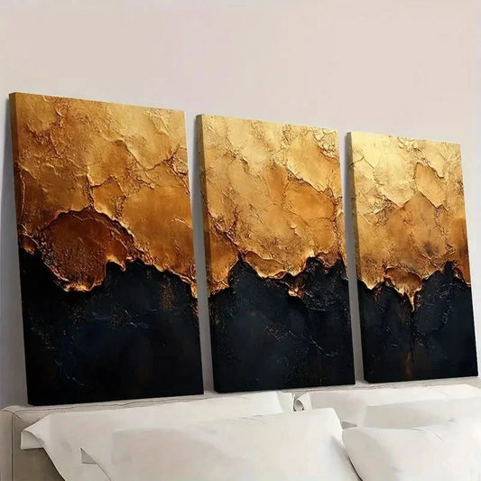 3pcs Dark Brown Gold Abstract Texture T Wall Art Set Canvas Framed 60x90cm - High Quality Print 100% Australian Made Wall Canvas Ready to Hang