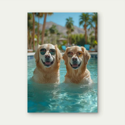 Dogs with Glasses Chilling by the Pool 60x90cm Metal Print Ready to Hang